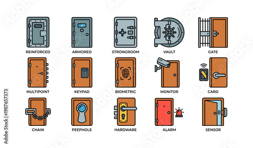 Assorted security doors with keypad, biometric, vault, alarm, and monitor icons