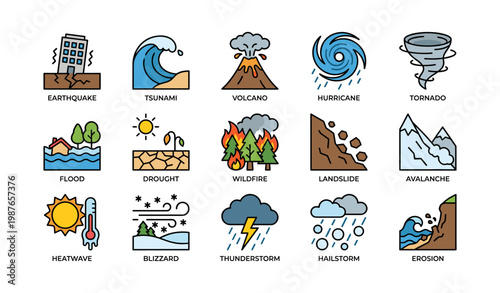 Natural disaster icons: earthquake, tsunami, volcano, hurricane, tornado, and more