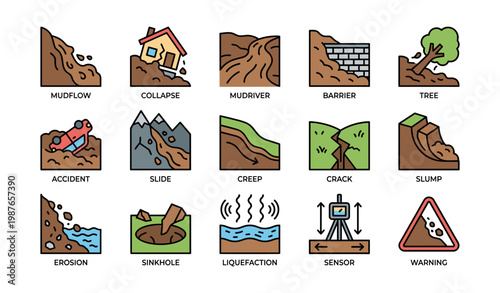 Natural disasters icons set including mudflow, landslide, sinkhole, and warning signs
