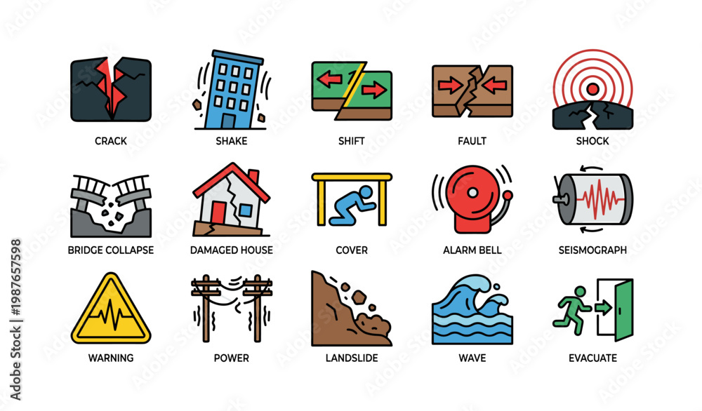 Obraz premium Earthquake safety and damage icons: crack, shake, shift, fault, shock