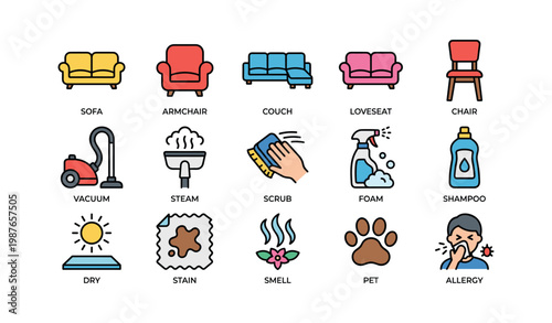 Colorful furniture and cleaning icons with household items