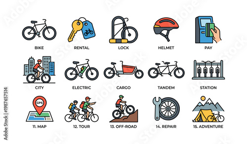 Bicycle rental icons set: cycling, safety gear, and bike services