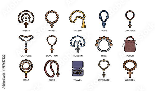 Various styles of prayer beads including rosary, tasbih, and mala in different designs
