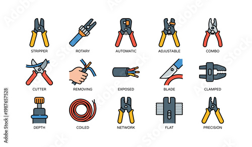 Collection of wire stripping and cutting tools icons for electrical work