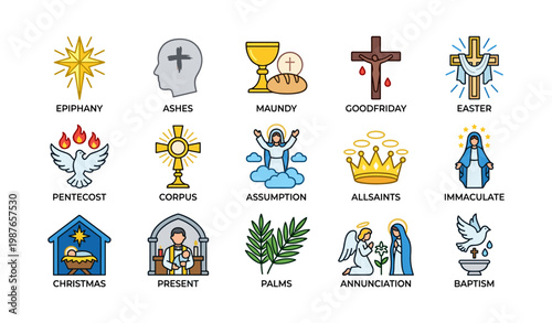 Christian celebrations icon set featuring epiphany, good friday, easter, and more