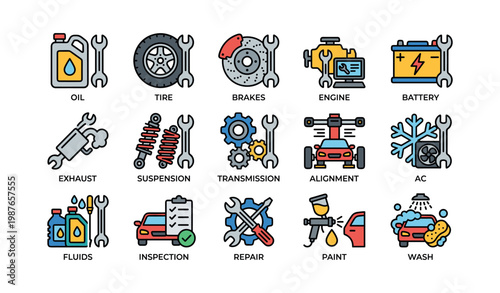 Various car maintenance and repair icons with tools and equipment
