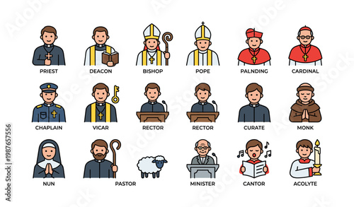 Religious roles collection: catholic and christian leaders in icon set