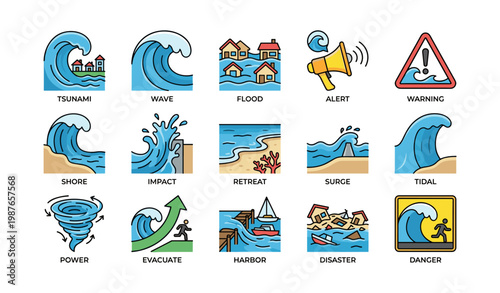 Tsunami disaster alert icons wave flood impact warning