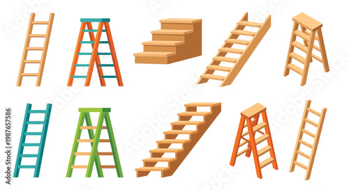 Collection of various colorful ladders and staircases in cartoon style