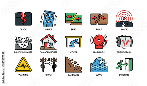 Earthquake safety and damage icons: crack, shake, shift, fault, shock