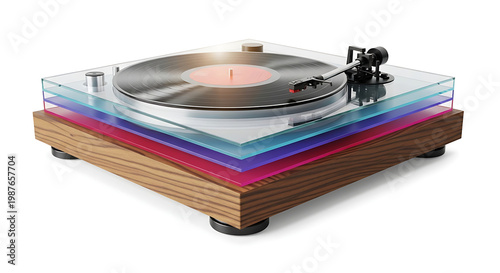 Modern turntable with colorful layered acrylic base playing a vinyl record, retro audio equipment for music listening