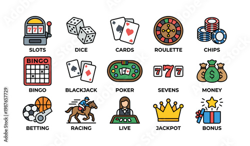Casino game icons: slots, dice, cards, roulette, poker chips, bingo, blackjack, bonus