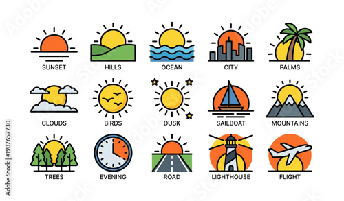 Colorful icon set featuring sunsets, scenery, and travel themes