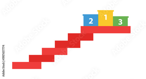 Podium with first second and third place awards on red steps