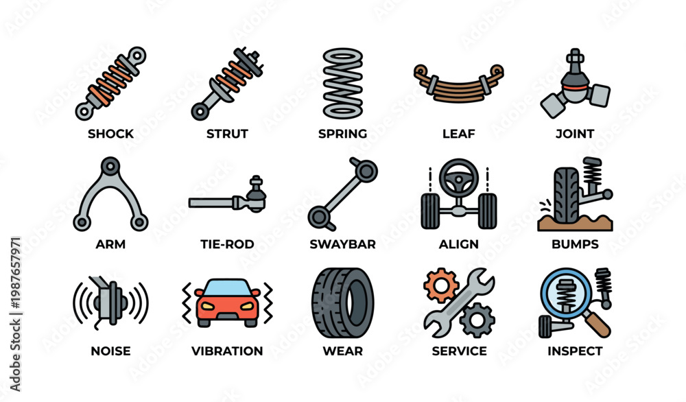 Naklejka premium Automotive suspension and steering components: shock, strut, spring, leaf, joint, arm, tie-rod, swaybar