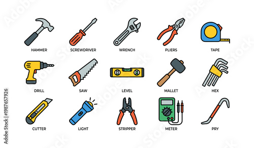 Tool icons: hammer, screwdriver, wrench, pliers, tape, drill, saw, level, mallet, hex, cutter, light, stripper, meter, pry