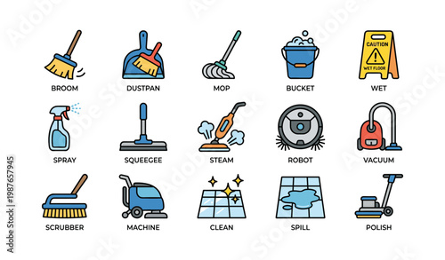 Household cleaning tools: broom, mop, vacuum, robot, machine, spray