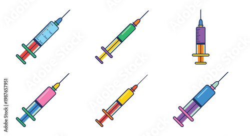 Colorful cartoon illustration depicting six different medical syringes