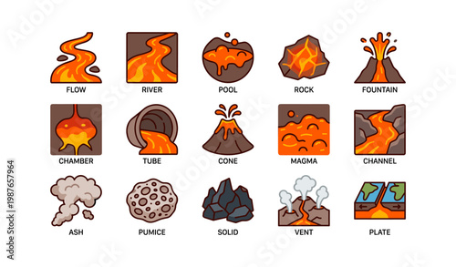 Variety of volcanic eruptions and formations illustrated in cartoons
