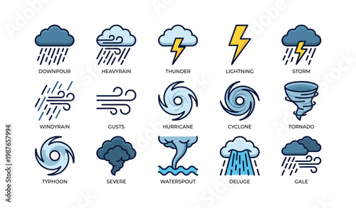 Weather icons: rain, thunder, lightning, storms, and cyclones illustrations