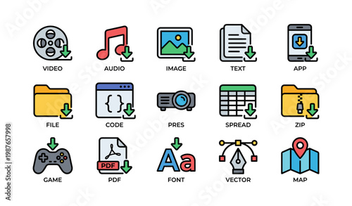 Colorful download icons set for multimedia and files