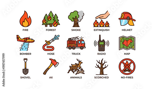 Firefighting icons: equipment, symbols, and forest fire elements