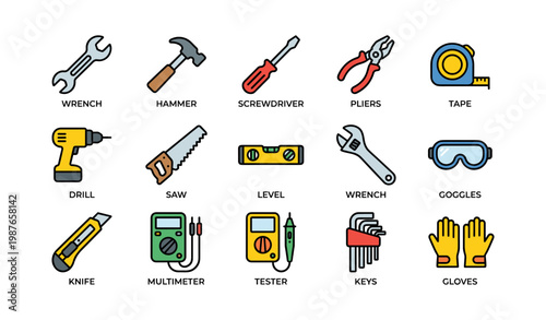 Colorful set of hand tools including wrench, hammer, and screwdriver