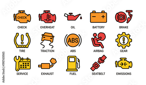 Colorful car dashboard warning symbols for vehicle maintenance and safety