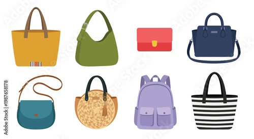 Collection of colorful handbags and backpacks on a white background