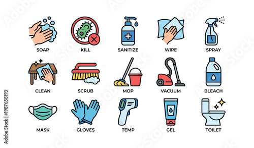 Icons of hygiene and cleaning products for disinfection and sanitation