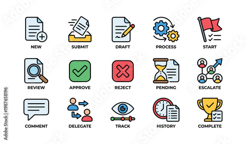 User interface set of 16 colorful outline icons for workflow and task management