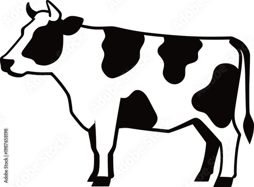 Black and white silhouette of a spotted cow standing in profile