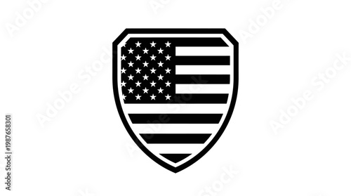 Distinctive American Flag Shield Emblem, a bold black and white graphic representing national pride, unwavering security, and the enduring spirit of the United States