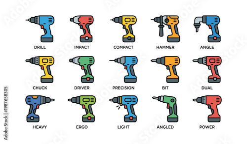 Colorful cartoon drill collection featuring types and functions