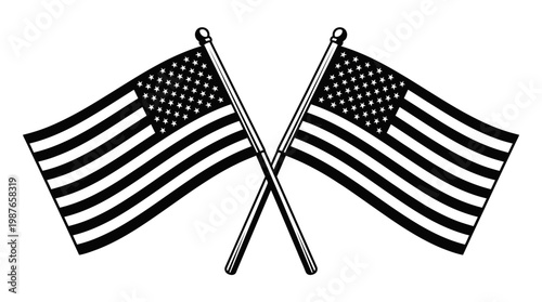 Two American flags crossed on poles, representing patriotism and national pride with symbolic representation of the United States of America