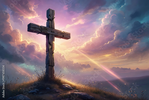 Wooden Cross Silhouette on Hilltop at Sunset With Dramatic Clouds And Sun Rays