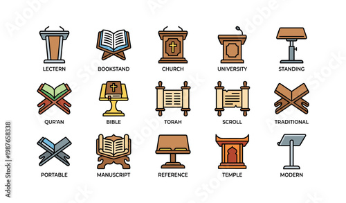 Collection of religious bookstands and pulpits with diverse styles and uses