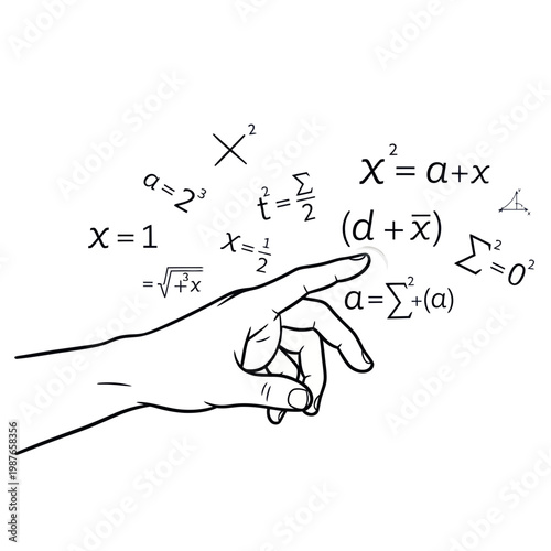Hand pointing at floating mathematical formulas and equations, science concept
