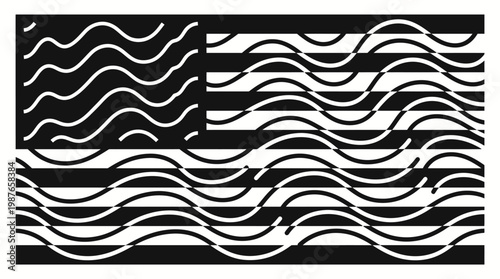 Abstract Wavy Line Design Depicting the American Flag in a Dynamic Black and White Optical Art Style, Evoking Modern Patriotism Through Visual Illusion