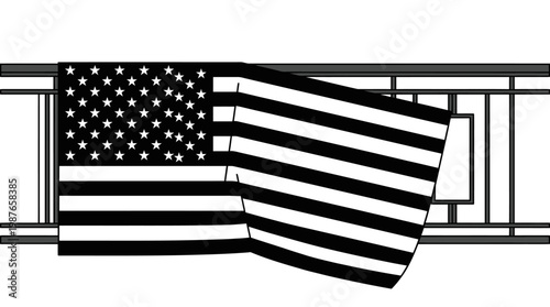 A stylized black and white illustration of the United States flag draped over a dark, abstract, possibly metal structure with horizontal bars