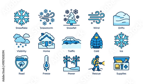 Winter weather icons collection featuring snow, wind, and cold elements