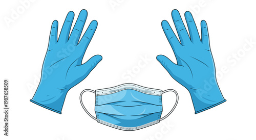 Blue medical face mask and protective latex gloves illustration, representing essential personal protective equipment for hygiene, health, safety, and infection control
