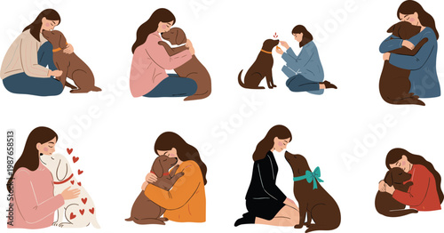 aaDog and Owner Bonding Moments Set with Loving Hugs and Affectionate Interactions for Pet Lovers and Animal Care DesignsDog and Owner Bonding Moments Set with Loving Hugs and Affectionat