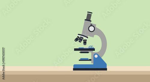 Flat illustration of a modern scientific microscope, symbolizing detailed research and discovery in biology, chemistry, and various scientific fields for education and laboratory analysis