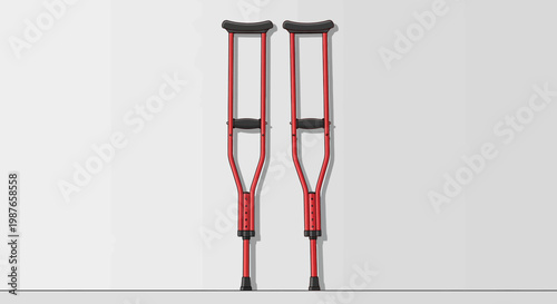 A pair of bright red forearm crutches stand against a plain white background, ready for use by someone needing support for mobility challenges