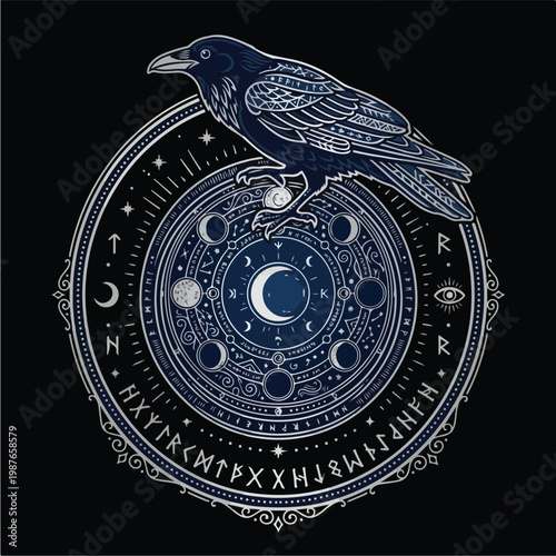 Crow on mystical moon circle.