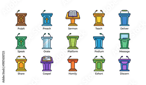 Colorful podiums collection with microphones and books for various speech themes