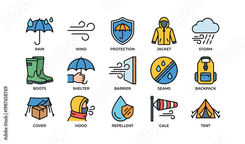 Outdoor weather protection icons featuring rain gear and camping equipment