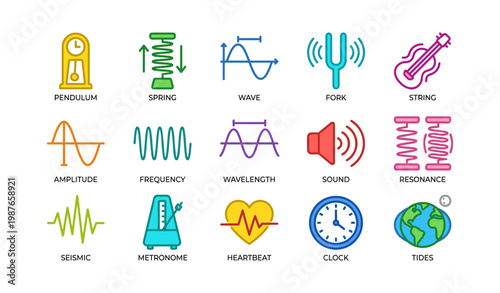 Set of colorful science and physics icons including pendulum, spring, wave, fork, string, and more
