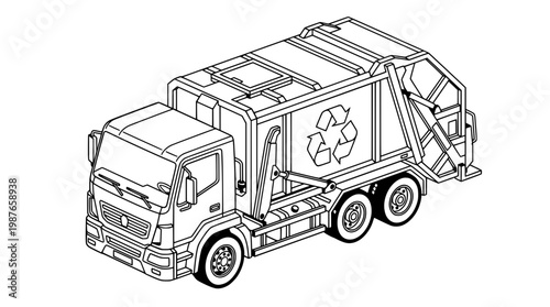 Garbage Collection Truck Isometric Outline Vector